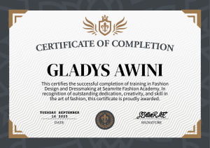 Gladys Awini: Fashion Design & Dressmaking Certificate of Completion