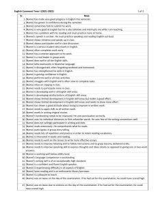 English Comment Sheet: Student Evaluation