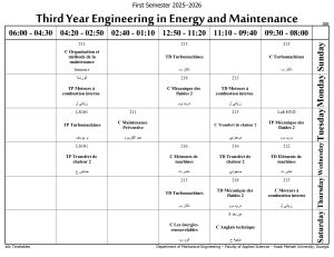 Emploi du temps 3&egrave;me ann&eacute;e Ing&eacute;nierie &Eacute;nergie et Maintenance 2025-2026