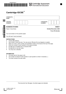 Cambridge IGCSE Business Studies Paper 2 Case Study Exam 2024