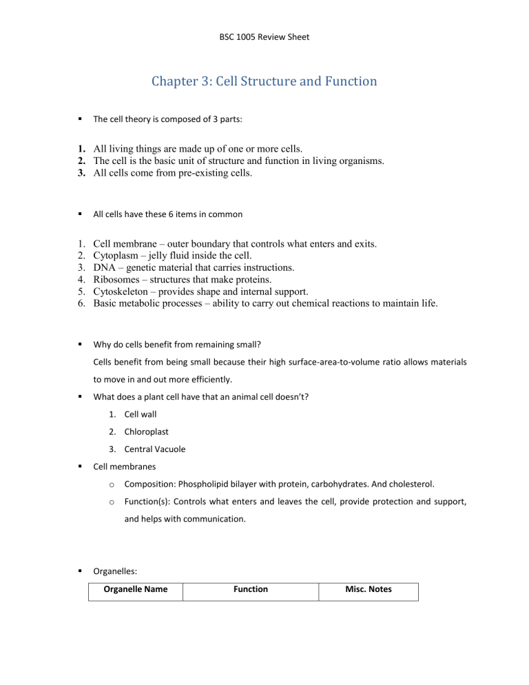 BSC 1005 Cell Structure & Function Review Sheet | Biology Study Guide