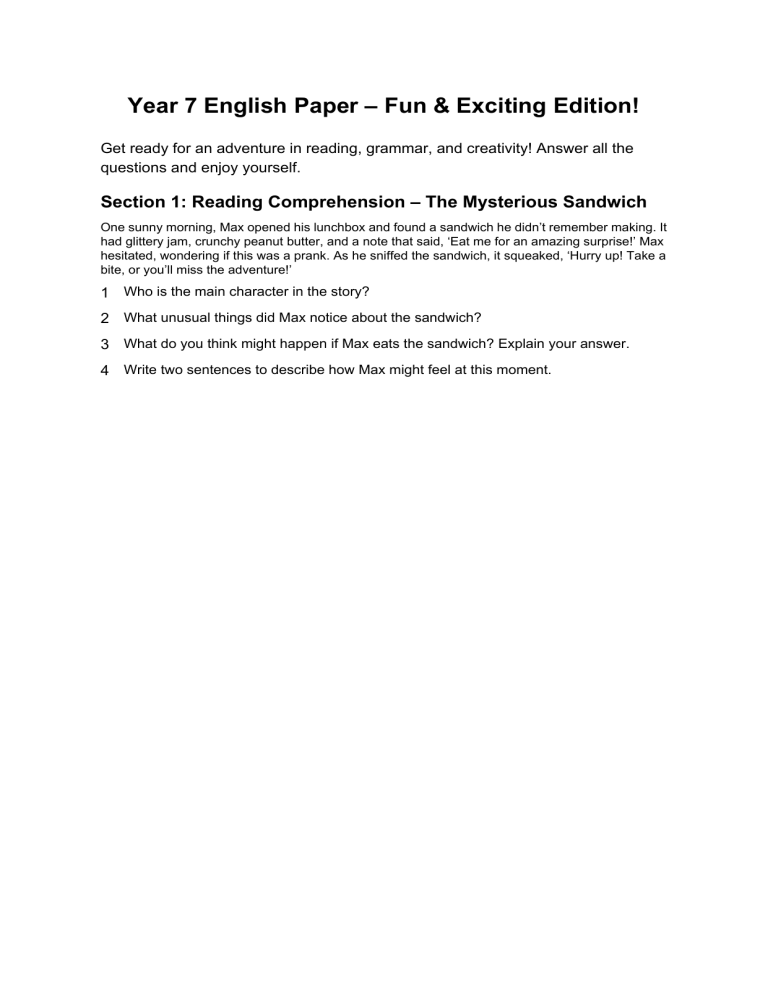 Year 7 English Paper: Reading, Grammar, Creative Writing & Riddle