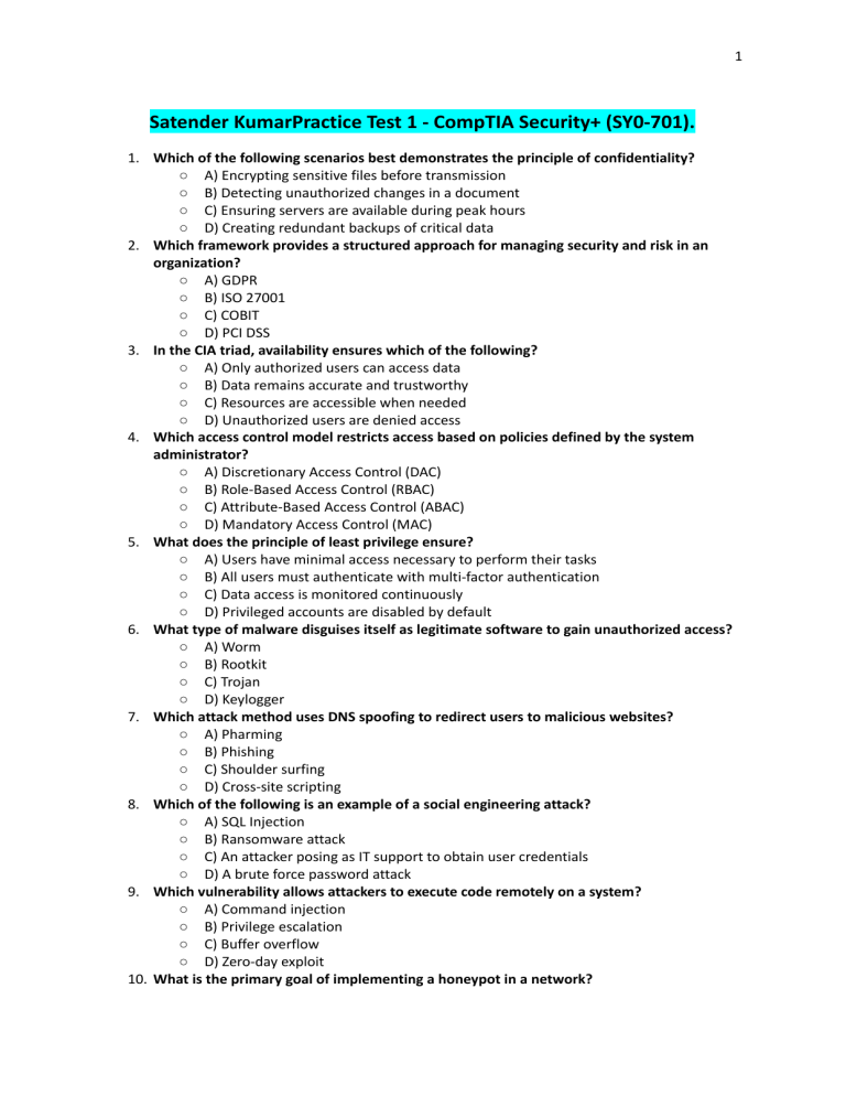 CompTIA Security+ (SY0-701) Practice Test 1 - Cybersecurity Questions