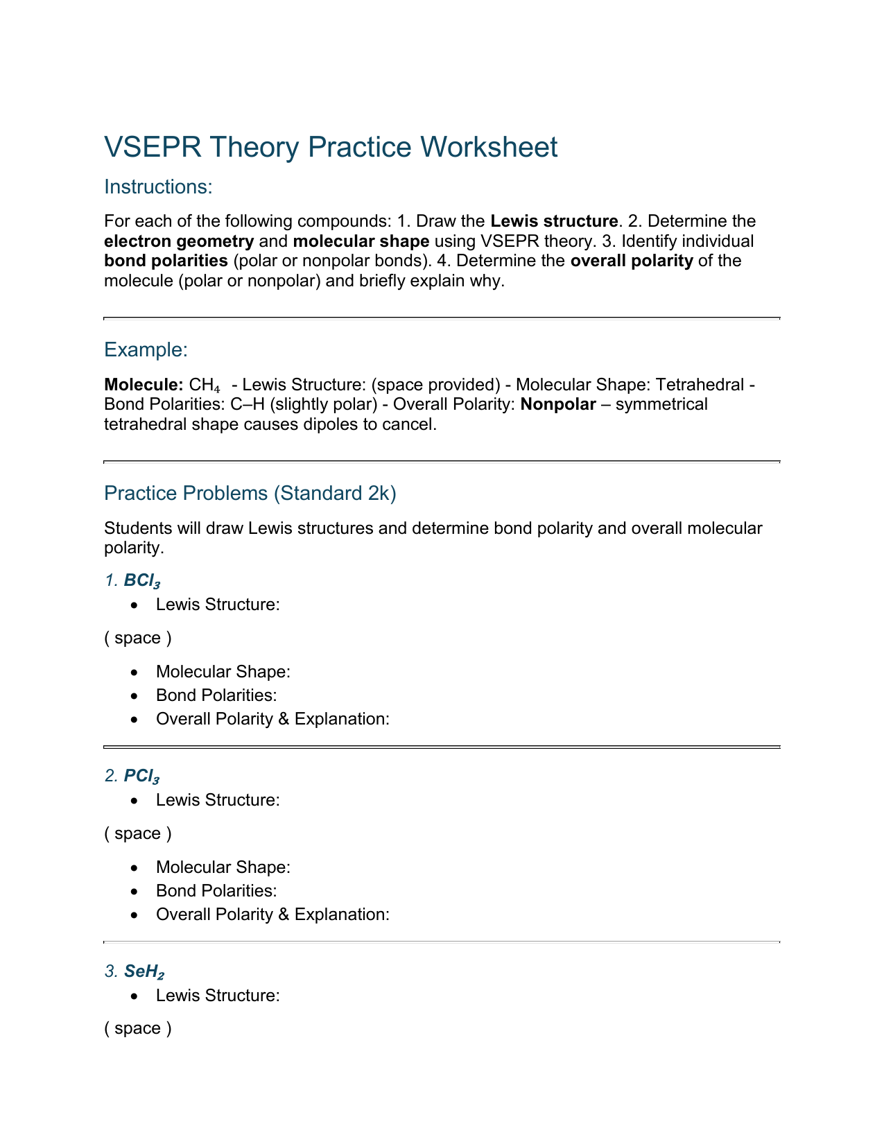 Lewis Structures Shapes And Polarity Worksheet