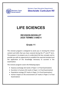 Grade 11 Life Sciences Revision Booklet 2025 - Gaseous Exchange, Excretion