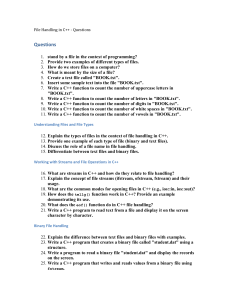 C++ File Handling Questions: Streams, Binary Files, Operations