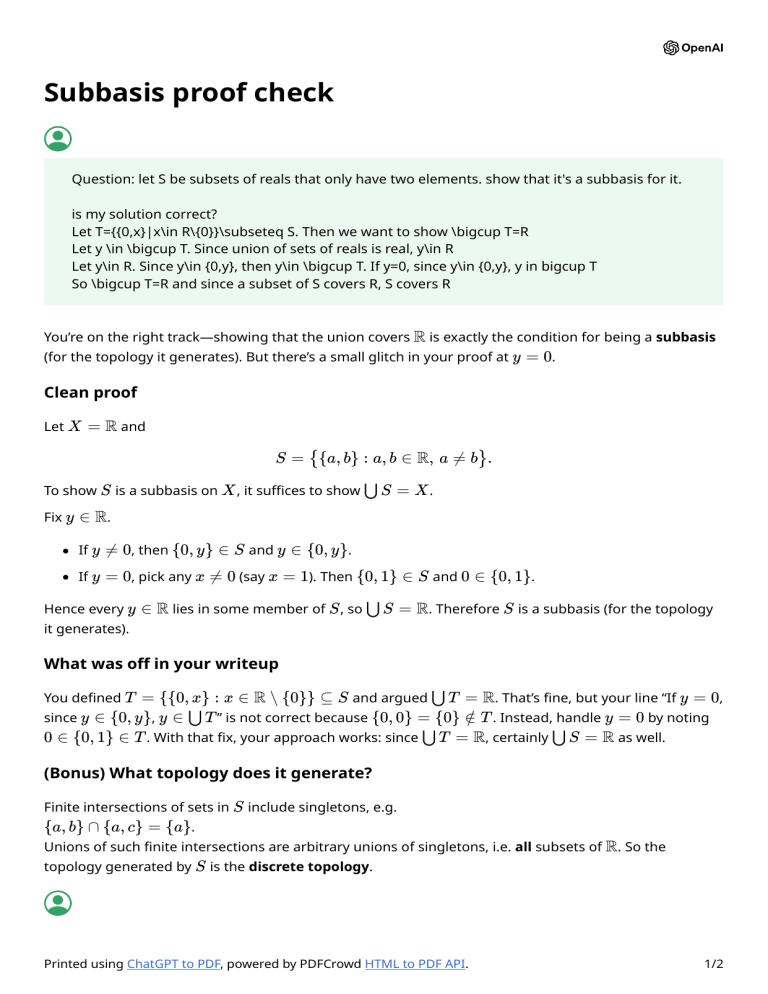 Subbasis Proof Check: Topology of Real Numbers