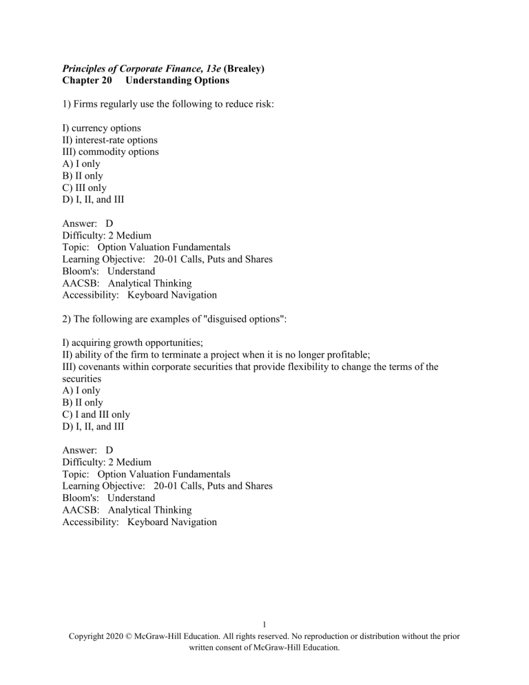 Corporate Finance: Understanding Options Exam Questions