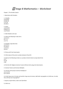 Stage 8 Mathematics Worksheet: Number System Operations & Index Laws