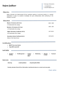 Sujen Jadhav - M.Com Graduate Resume