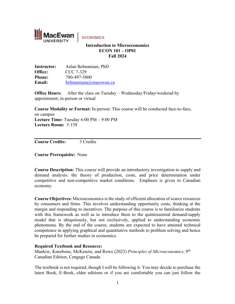 ECON 101 Microeconomics Syllabus - MacEwan University Fall 2024