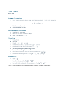 MAT 200 Test 2 Prep: Integer Properties, Induction, Counting, Probability