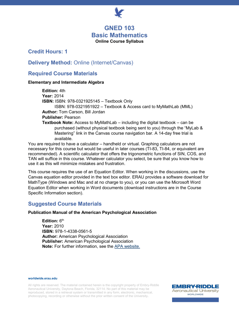 GNED 103 Basic Mathematics Online Course Syllabus - Embry-Riddle