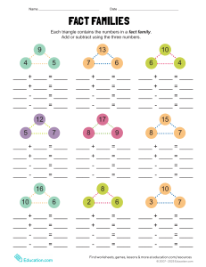 Fact Families Math Worksheet for Elementary Students