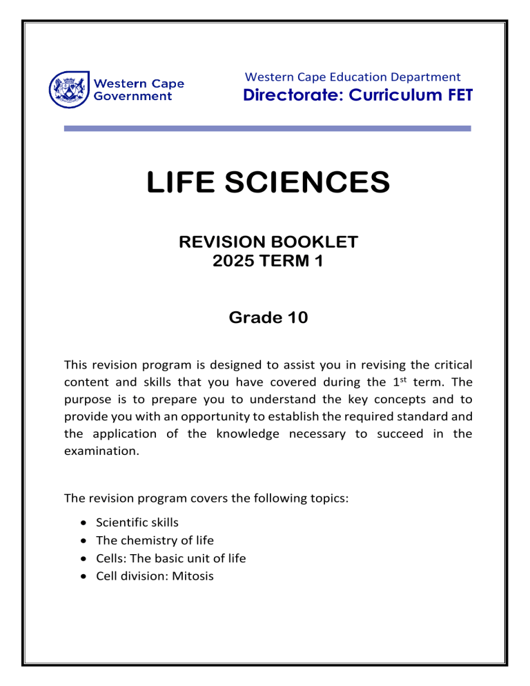 Life Sciences Grade 10 Term 1 Revision Booklet 2025 | WCED