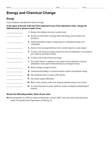 Chemistry Worksheet: Energy, Heat, Enthalpy, Entropy & Spontaneity