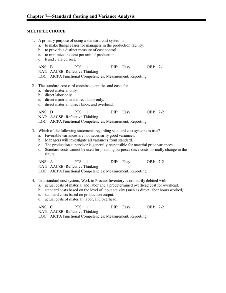 Standard Costing & Variance Analysis: Chapter Questions