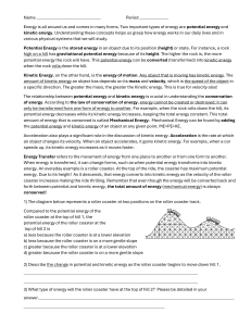 Potential & Kinetic Energy Worksheet: Middle School Physics