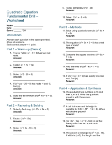 Quadratic Equation Fundamental Drill Worksheet | Math Practice