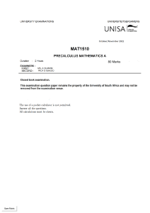 UNISA MAT1510 Precalculus Mathematics A Exam Paper - Oct/Nov 2021