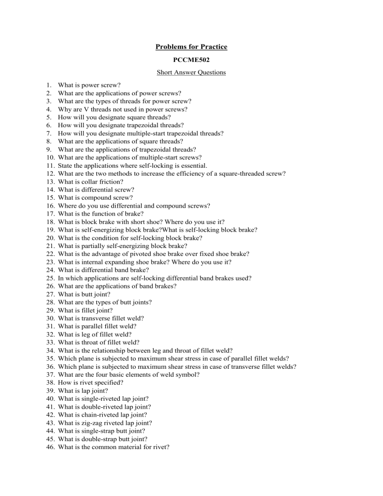 PCCME502 Mechanical Engineering Practice Questions | Short Answers