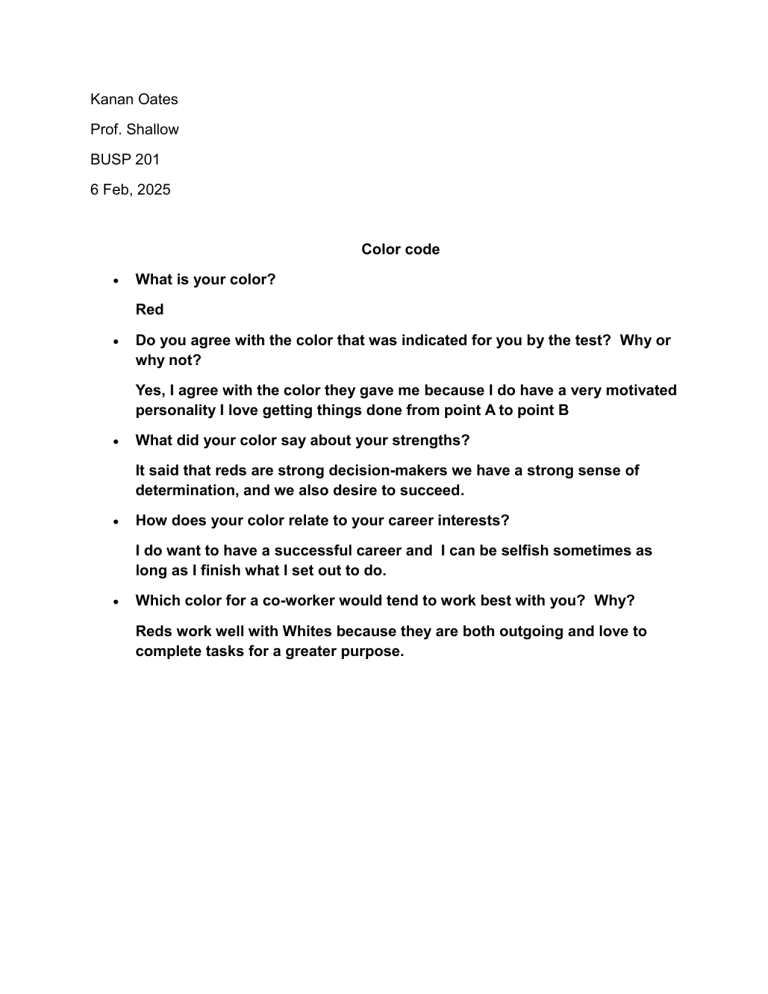Kanan Oates: Color Code Personality Test Reflection - BUSP 201