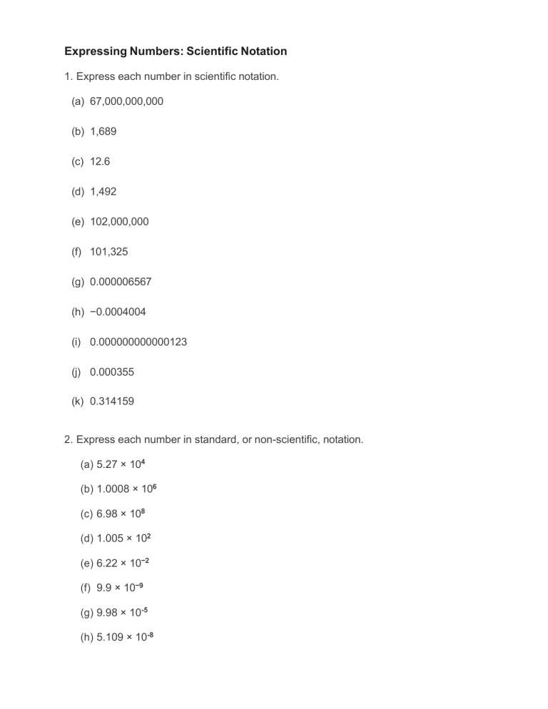 Expressing Numbers: Scientific Notation & Significant Figures Worksheet