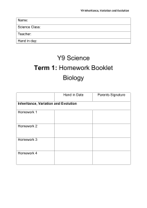 Y9 Biology Homework Booklet: Inheritance, Variation & Evolution