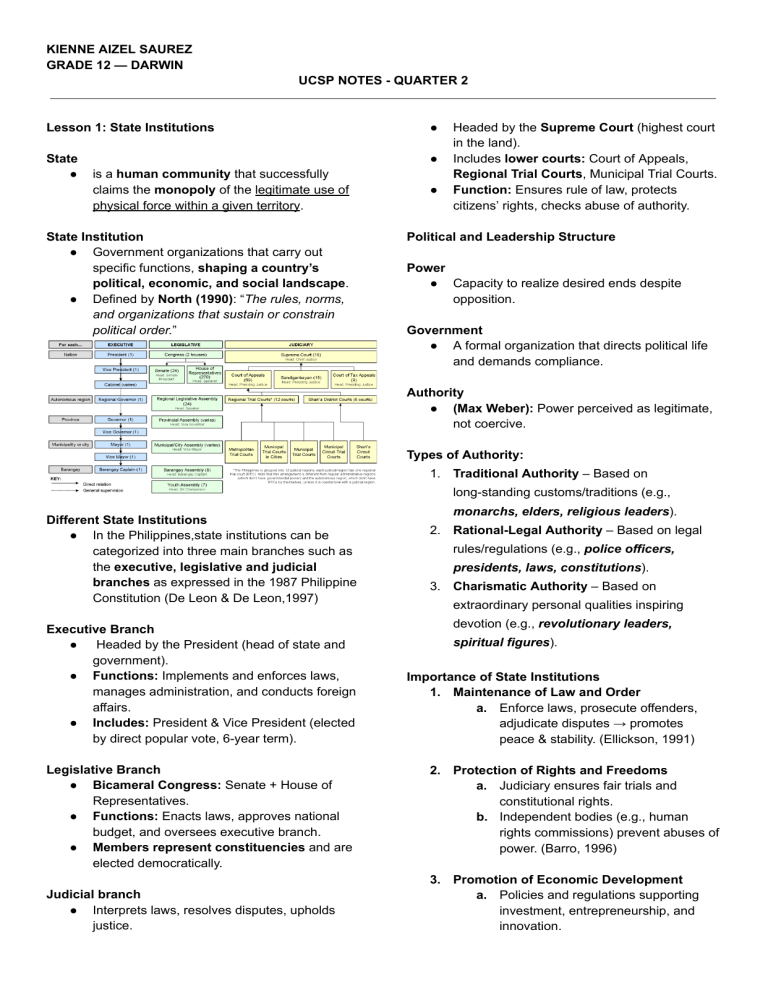 UCSP Notes: State & Non-State Institutions, Political Structure (Q2)