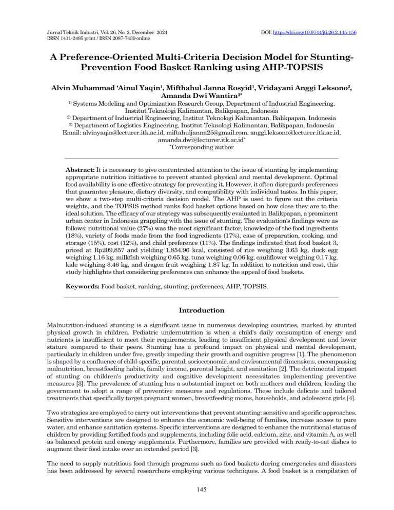 AHP-TOPSIS Multi-Criteria Model for Stunting Prevention Food Basket Ranking