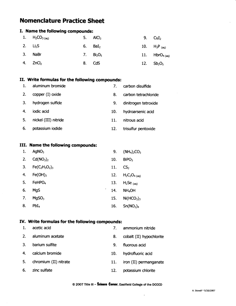 Chemical Nomenclature Practice Worksheet