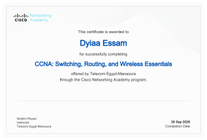 CCNA Switching, Routing, Wireless Essentials Certificate - Dyiaa Essam