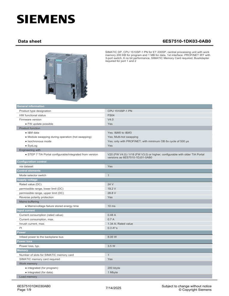 SIMATIC CPU 1510SP-1 PN Data Sheet | Technical Specs