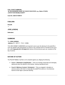Civil Court Summons: Forlorn v. Jose [JOSE04] - Defamation & Entrapment