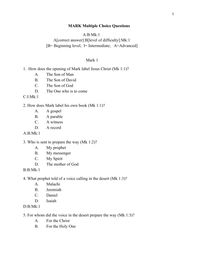 Mark 1 Multiple Choice Questions | Biblical Studies Quiz