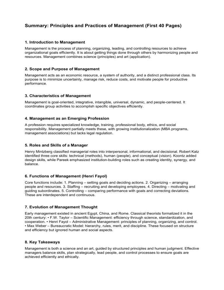 Management Principles & Practices: Summary of Key Concepts