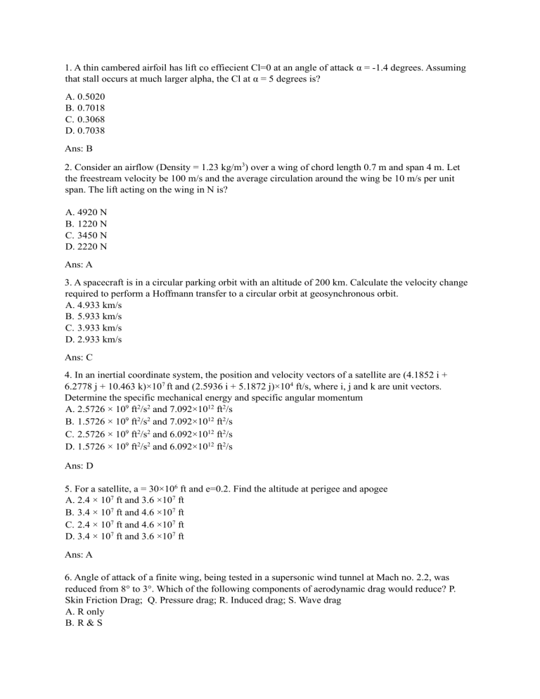 Aerospace Engineering Practice Problems: Aerodynamics & Orbital Mechanics