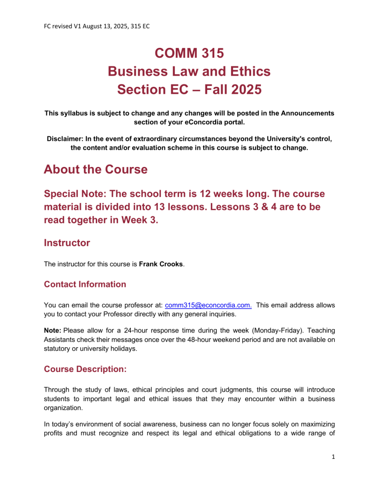 COMM 315 Business Law and Ethics Syllabus - Fall 2025