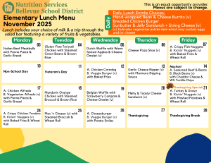 Bellevue Elementary School Lunch & Breakfast Menu - November 2025