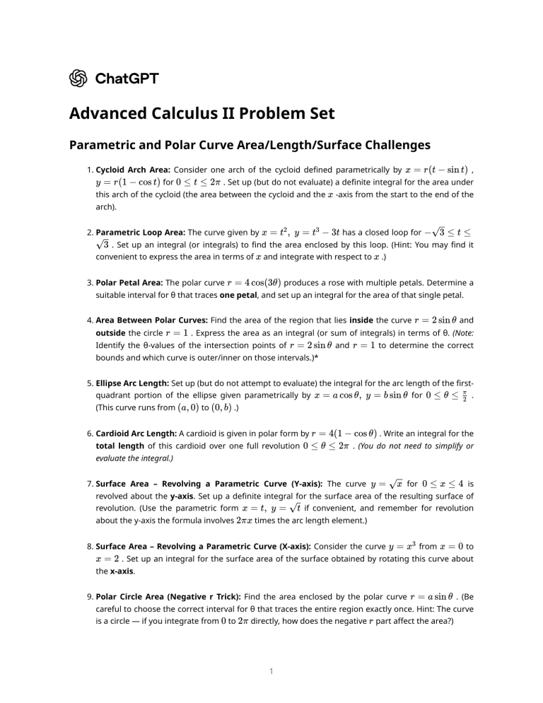 Advanced Calculus II Problem Set: Parametric, Polar Curves & Volume