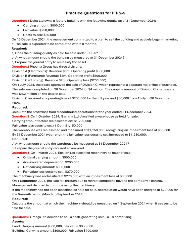 Ifrs Questions IFRS 5 Practice Questions: Held for Sale & Discontinued Operations