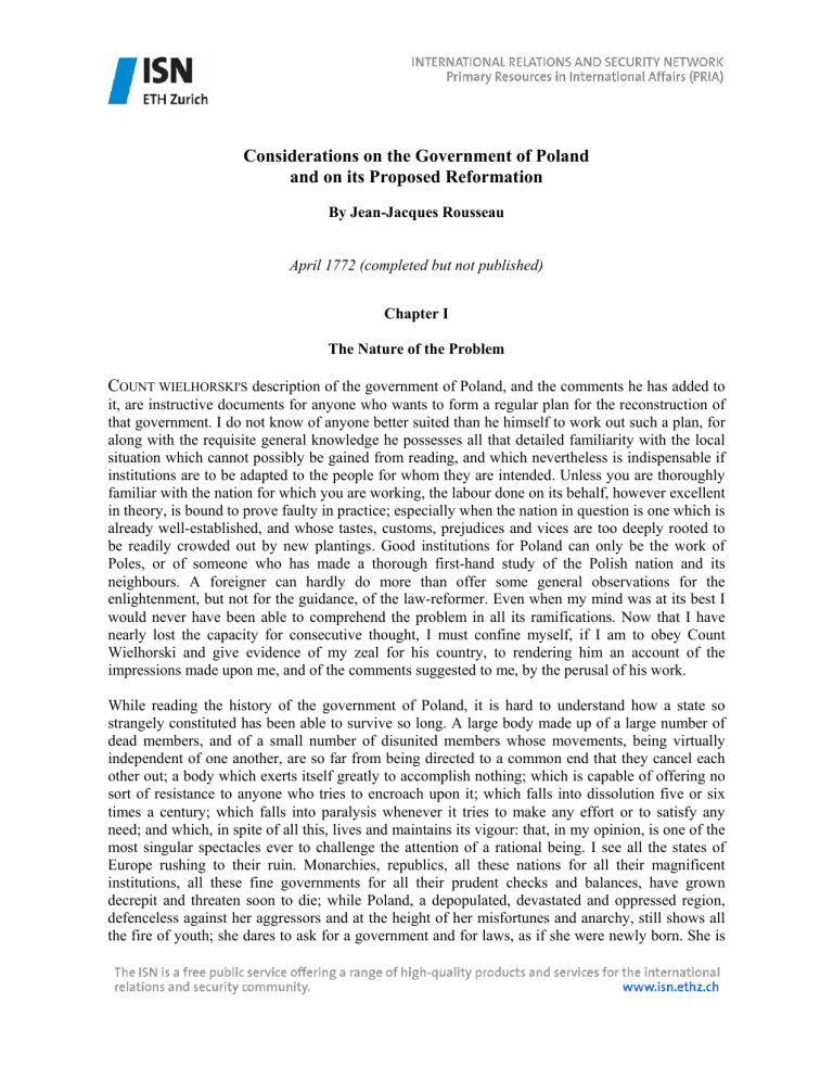 Rousseau: Considerations on Poland's Government & Reformation