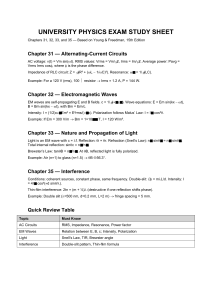 University Physics Exam Study Sheet: AC, EM Waves, Light, Interference