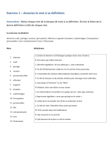 Exercice 1 : Associer mots &agrave; d&eacute;finitions (Internet et donn&eacute;es)