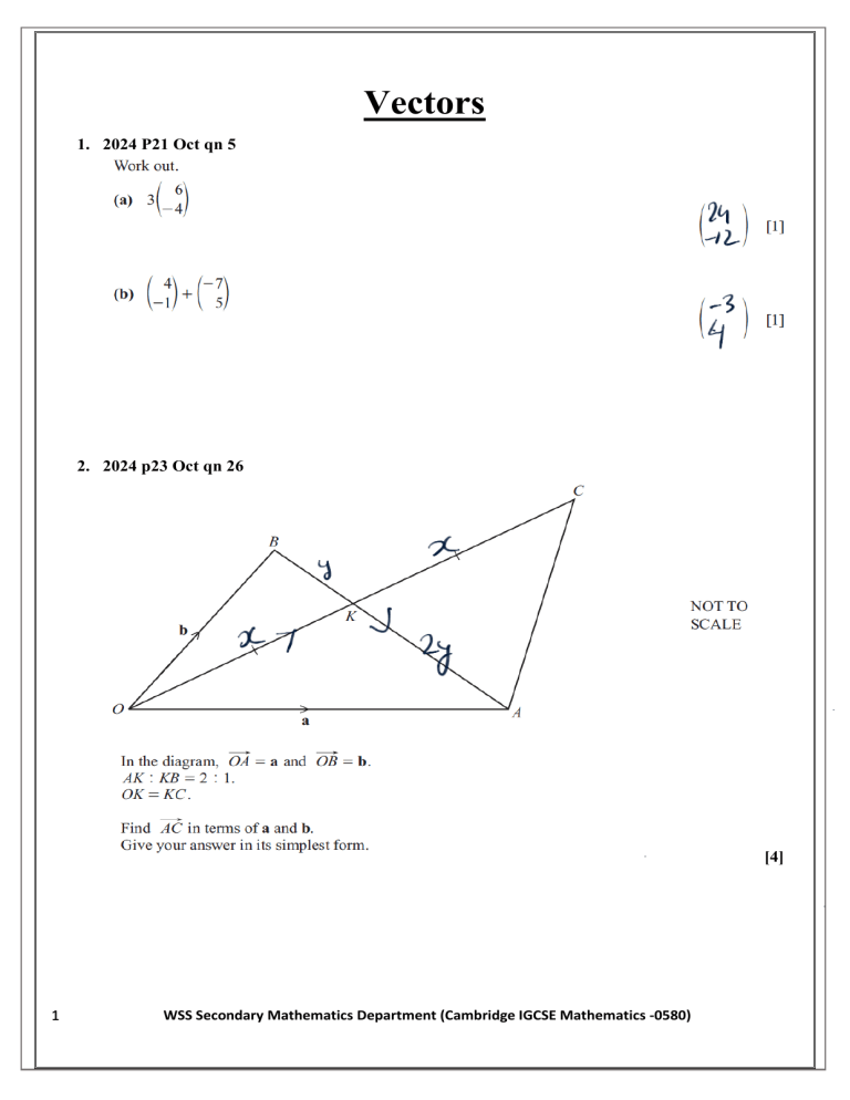 IGCSE Math Vectors Exam Questions (2020-2024)