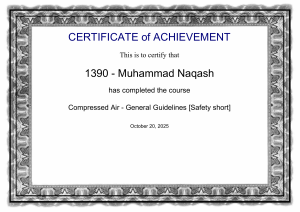 Certificate of Achievement: Compressed Air Safety Training for Muhammad Naqash