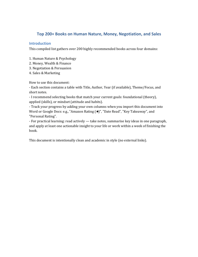 Top 200 Books Human Nature Money Negotiation Sales