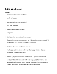 Programming Languages Worksheet: LLL, HLL, Translators
