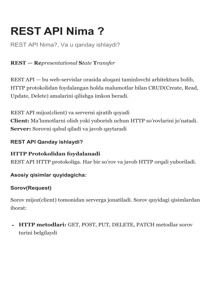 REST API: Nima u va qanday ishlaydi? To'liq qo'llanma
