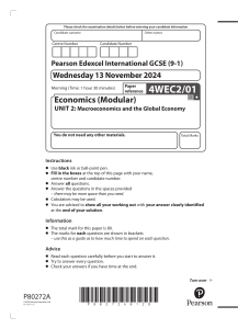 Pearson Edexcel International GCSE Economics 4WEC2/01 Exam Paper 2024